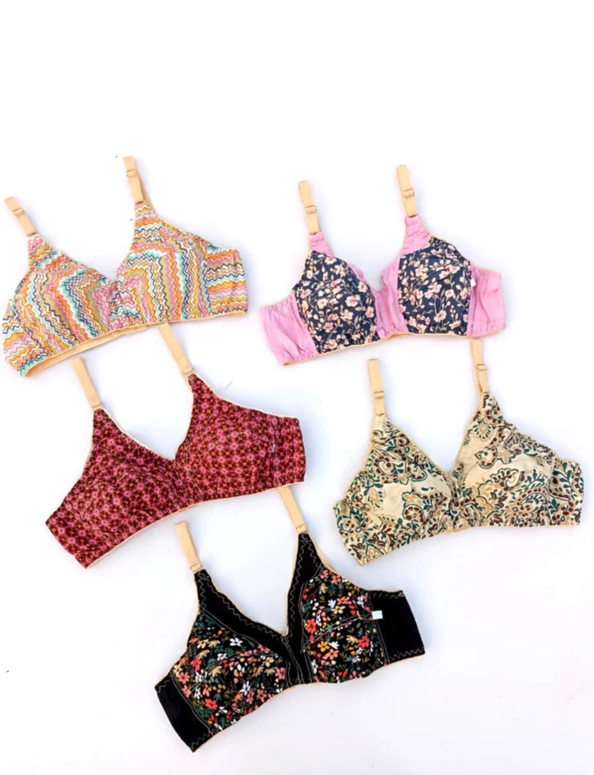 Pack of 5 Printed Pure Comfort Bras with Full Coverage Support – Bra Online in Pakistan | Glow & Wear