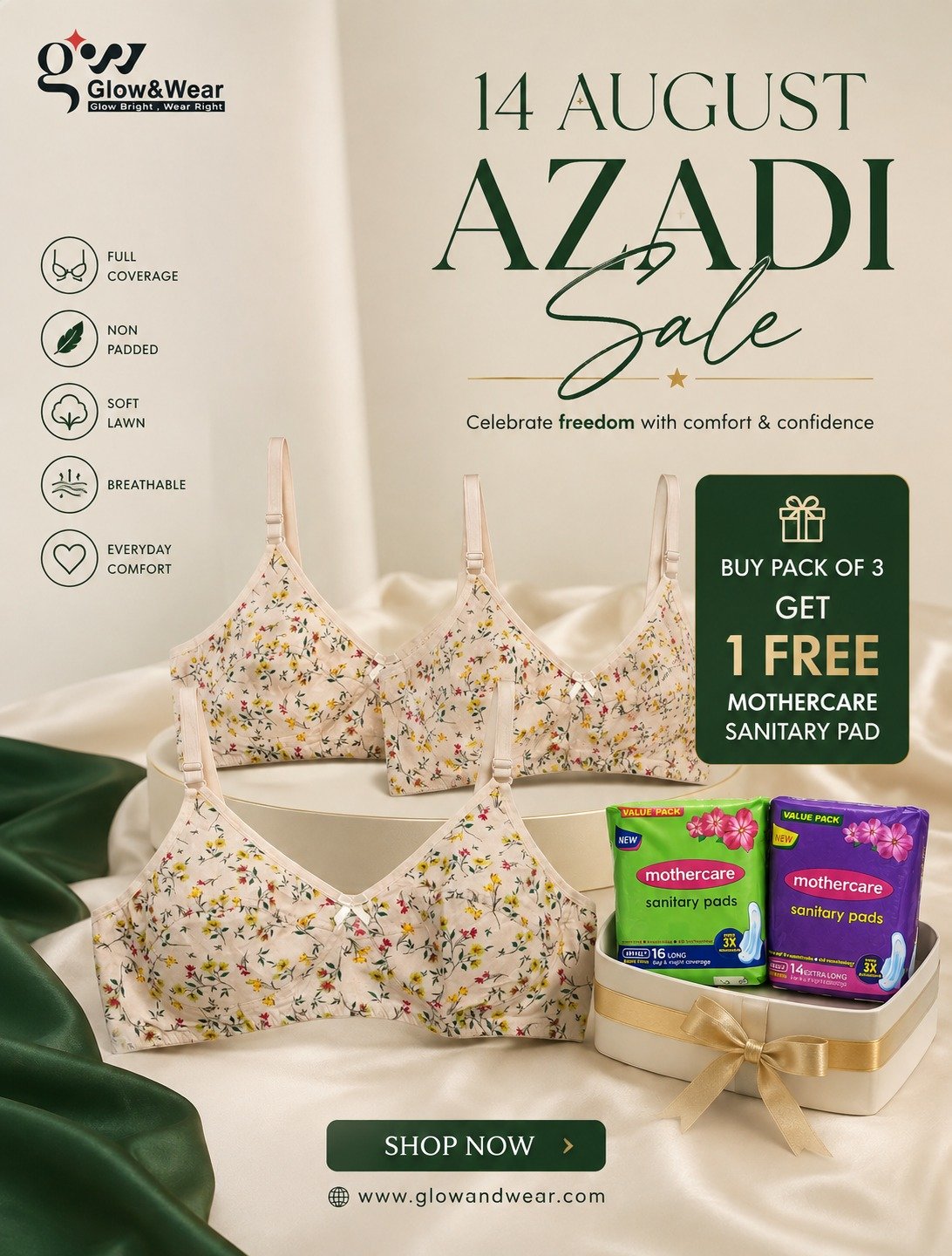 Wildflower Floral Print Full Coverage Non-Padded Lawn Digital Bra + Free Feminine Hygiene Pads – Bra Online in Pakistan | Glow & Wear